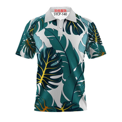 Black Polo Shirt with Ferns and Palms