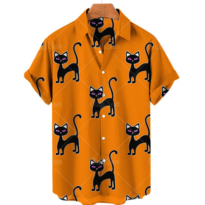 Orange Aloha Shirt with Black Cats.  Great for Halloween!