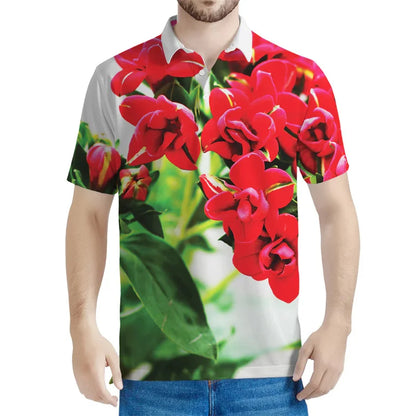 Light Blue Polo Shirt with Red Flowers