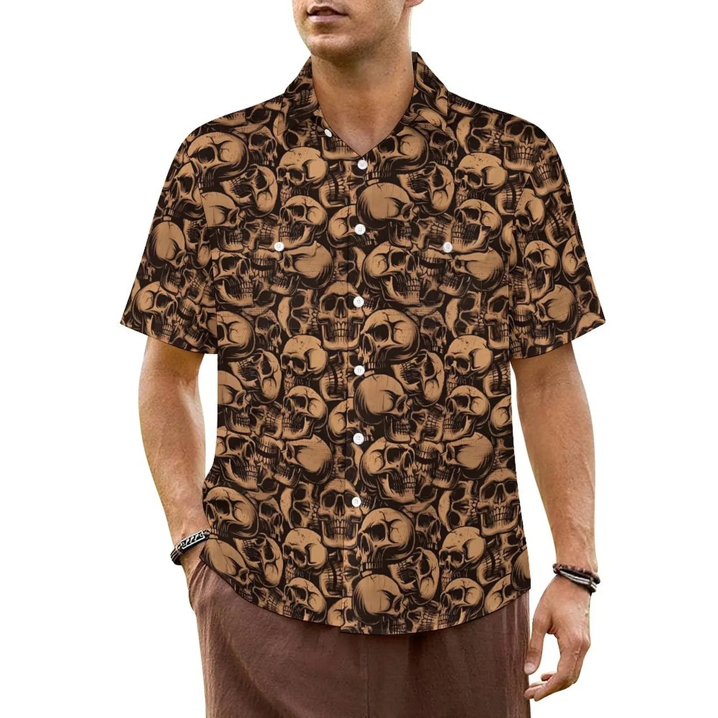 Halloween Hawaiian Shirt -- Black Background with Glowing Skulls