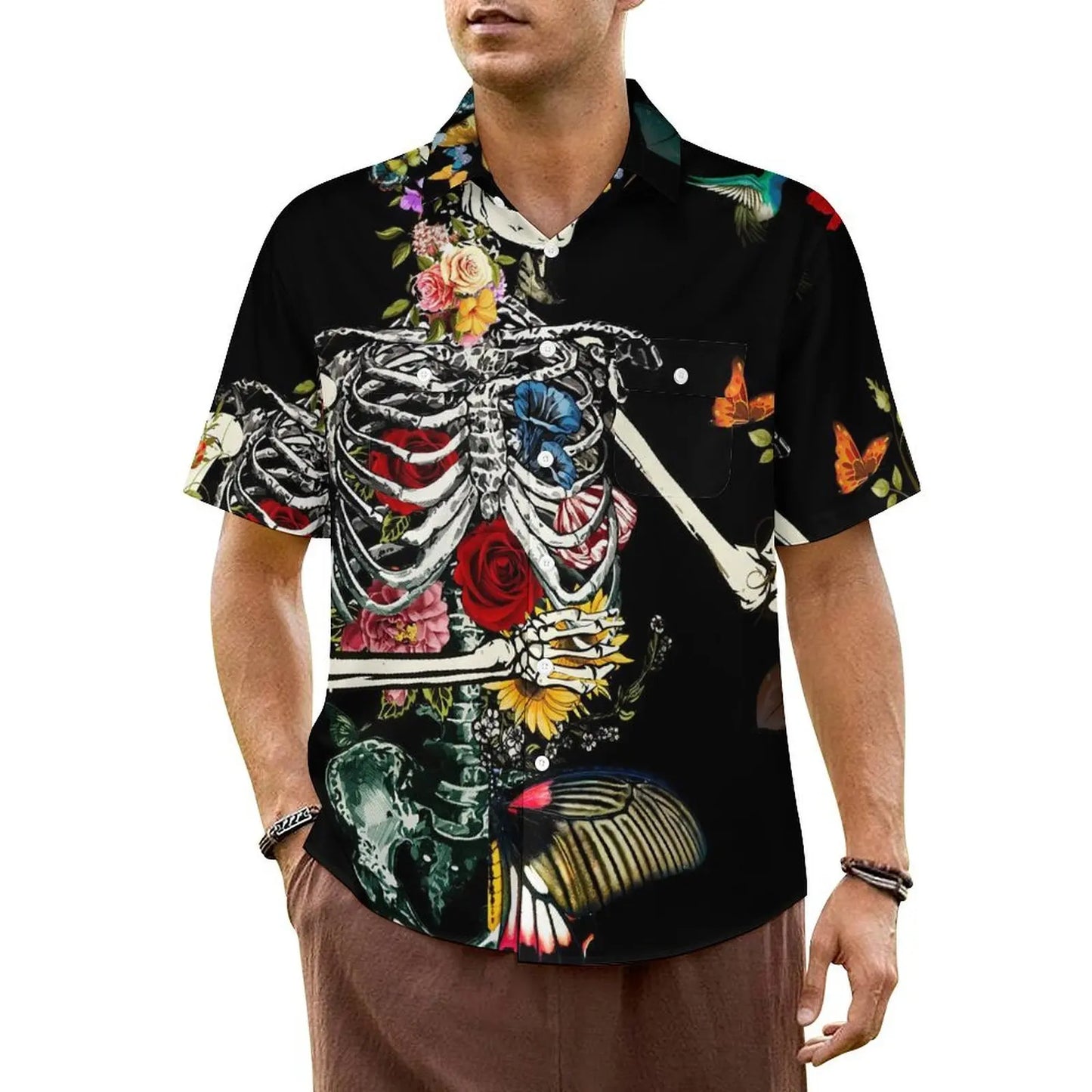 Halloween Hawaiian Shirt -- Glowing Skeletons on Black