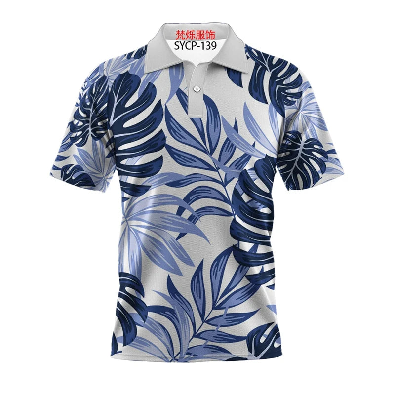 White Polo Shirt with Blue Palm Leaves