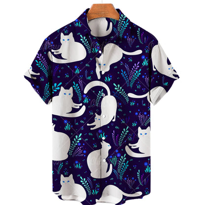 Black Aloha Shirt with White Cats