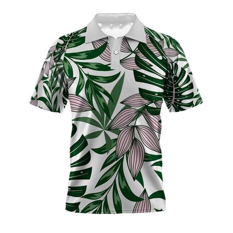 Black Polo Shirt with Ferns and Palms