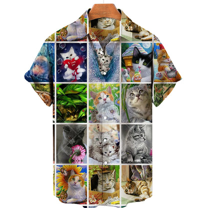 Black Aloha Shirt with White Cats