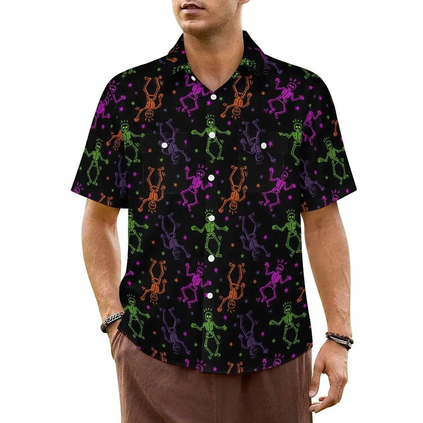 Halloween Hawaiian Shirt -- Skeletons on Black