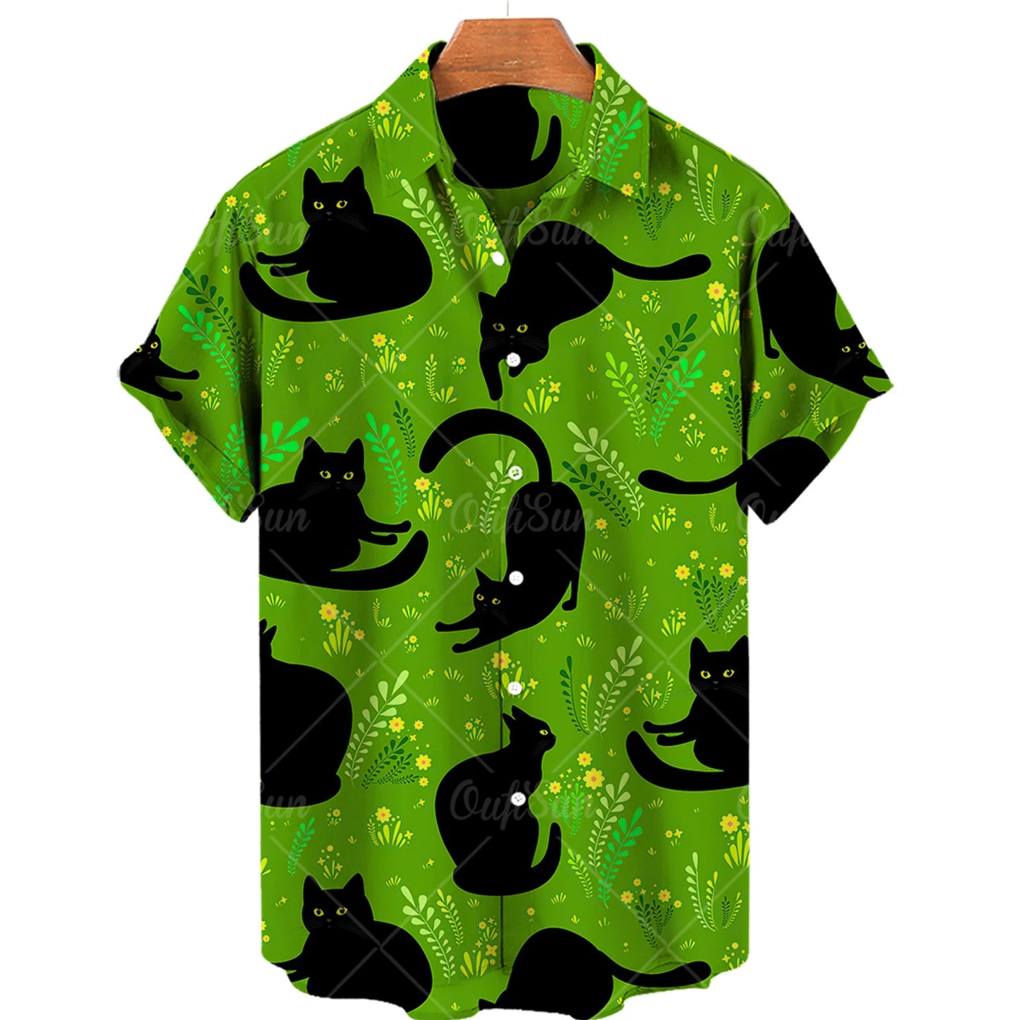 Orange Aloha Shirt with Black Cats.  Great for Halloween!