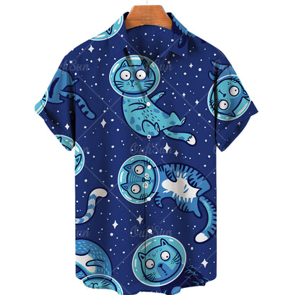 Light Blue Aloha shirt with Astronaut Cats