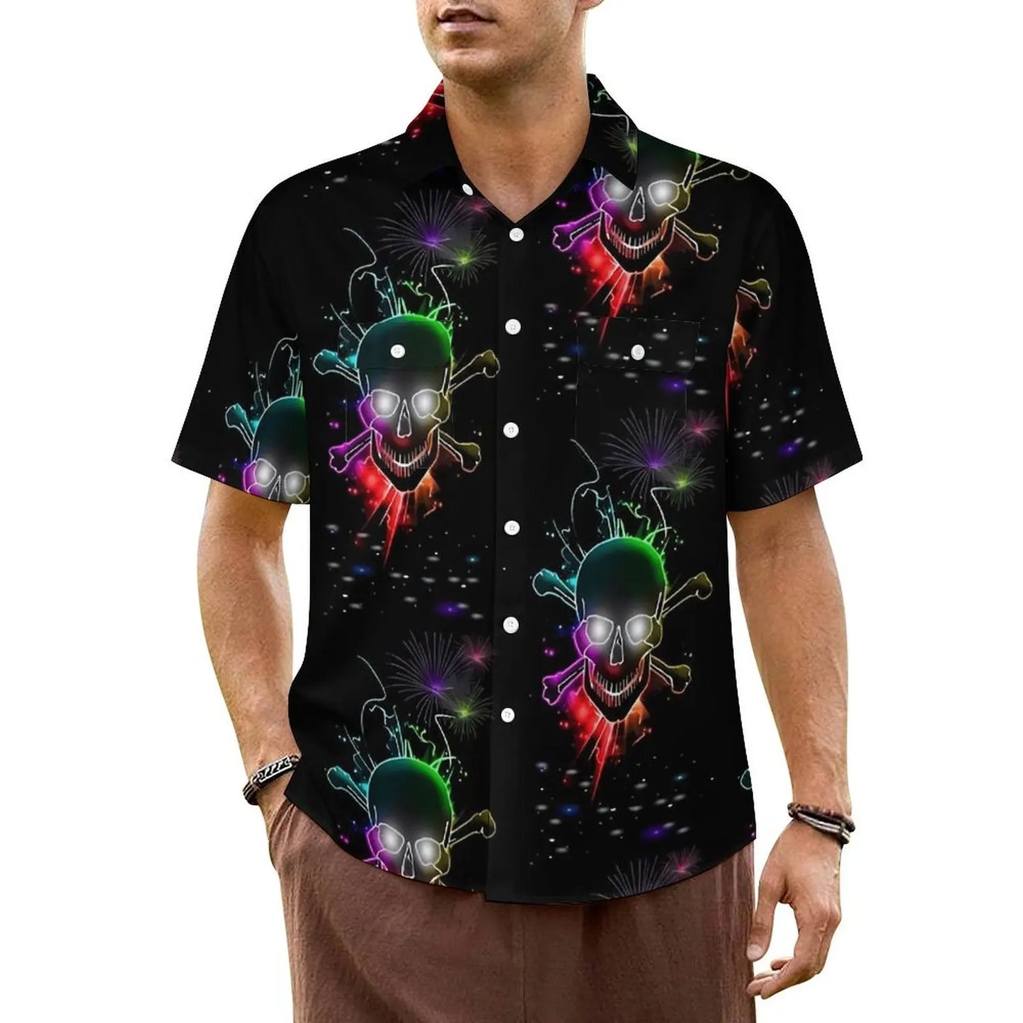 Halloween Hawaiian Shirt -- Glowing Skeletons on Black