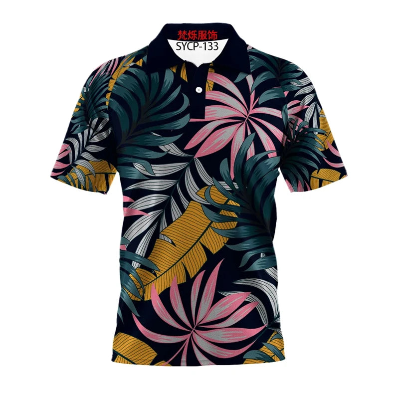 Black Polo Shirt with Blue and Gold Leaves