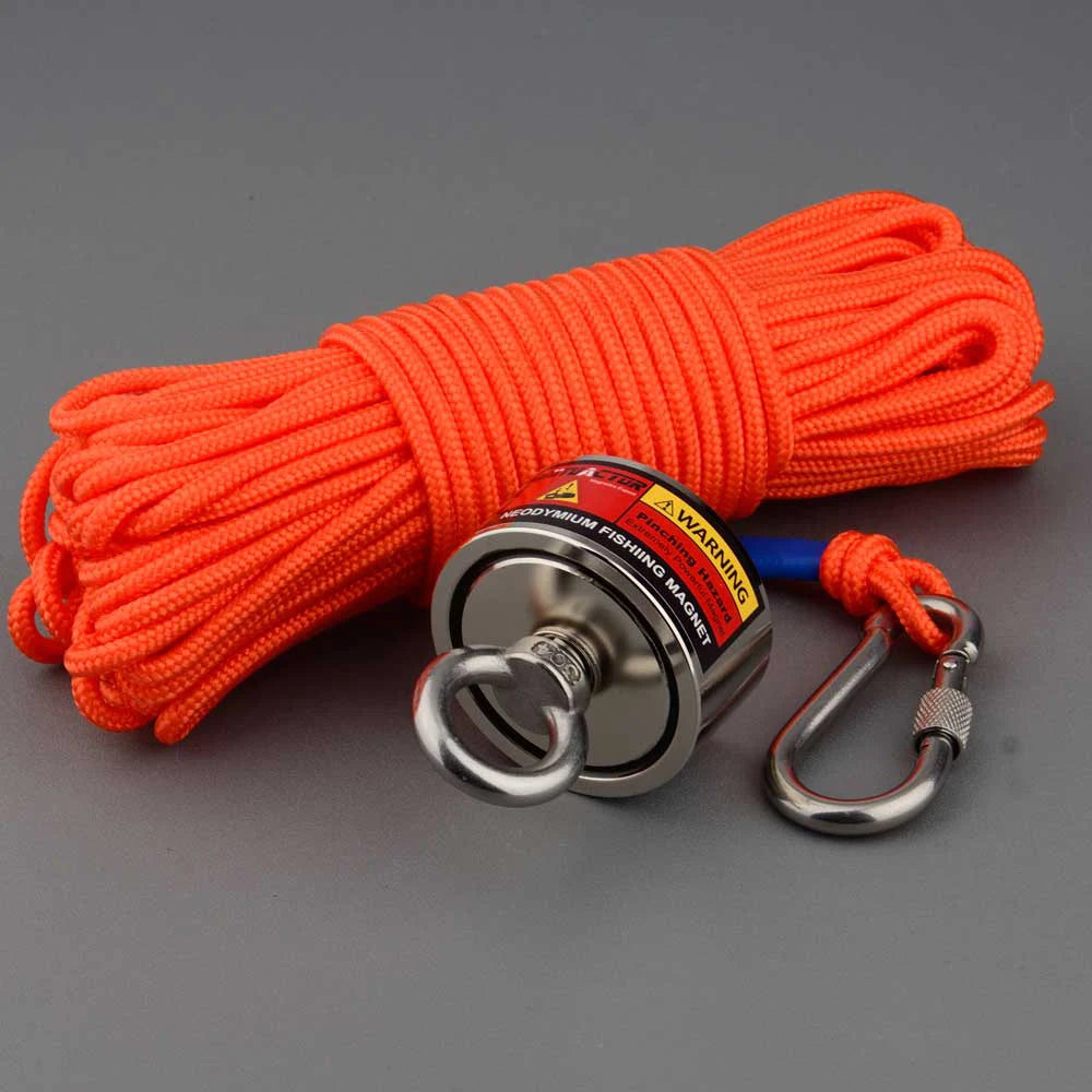 990 Pound Rated Two Sided Strong Neodymium Round Magnet Set with 50 Foot Rope