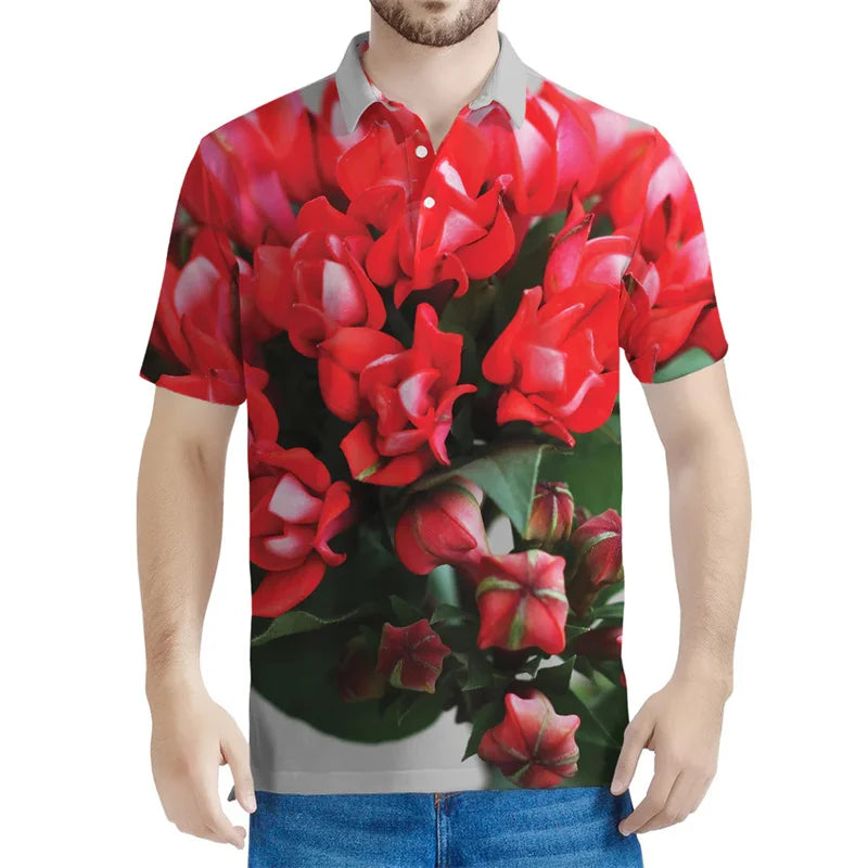 Light Blue Polo Shirt with Red Flowers