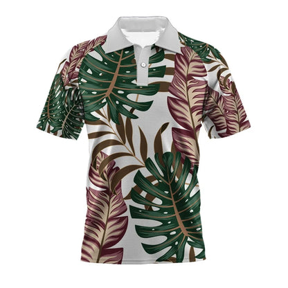 White Polo Shirt with Purple and Green Leaves