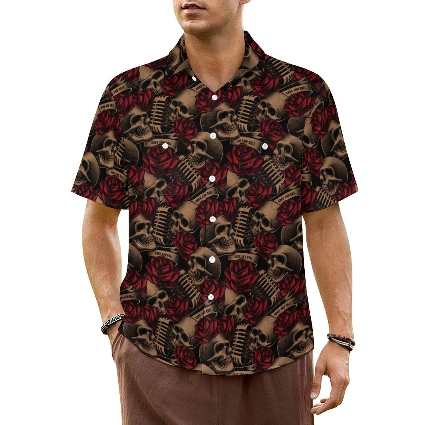 Halloween Hawaiian Shirt -- Dancing Skeleton on Black with Candy and Bats