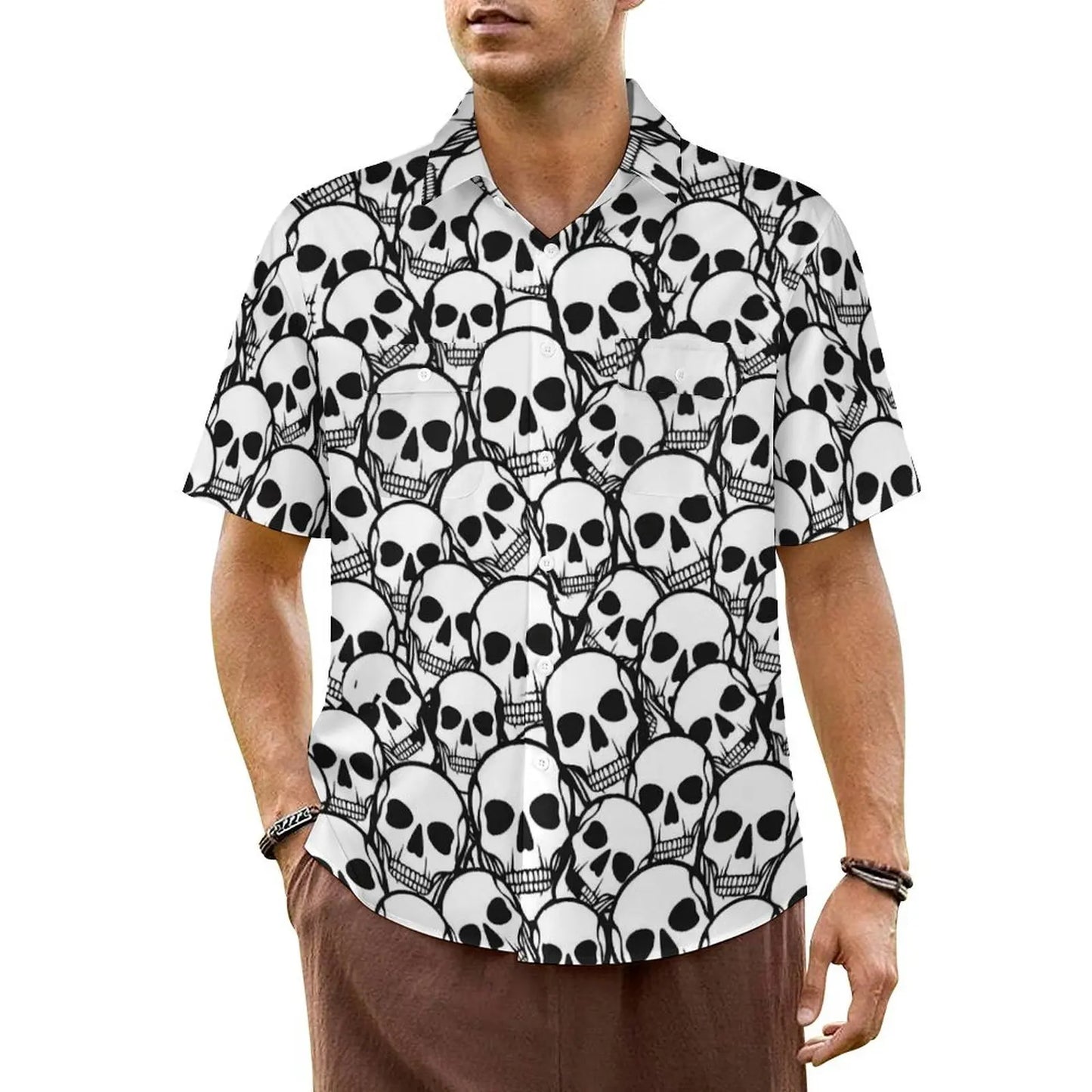 Halloween Hawaiian Shirt -- Skeletons on Green Foliage on Black