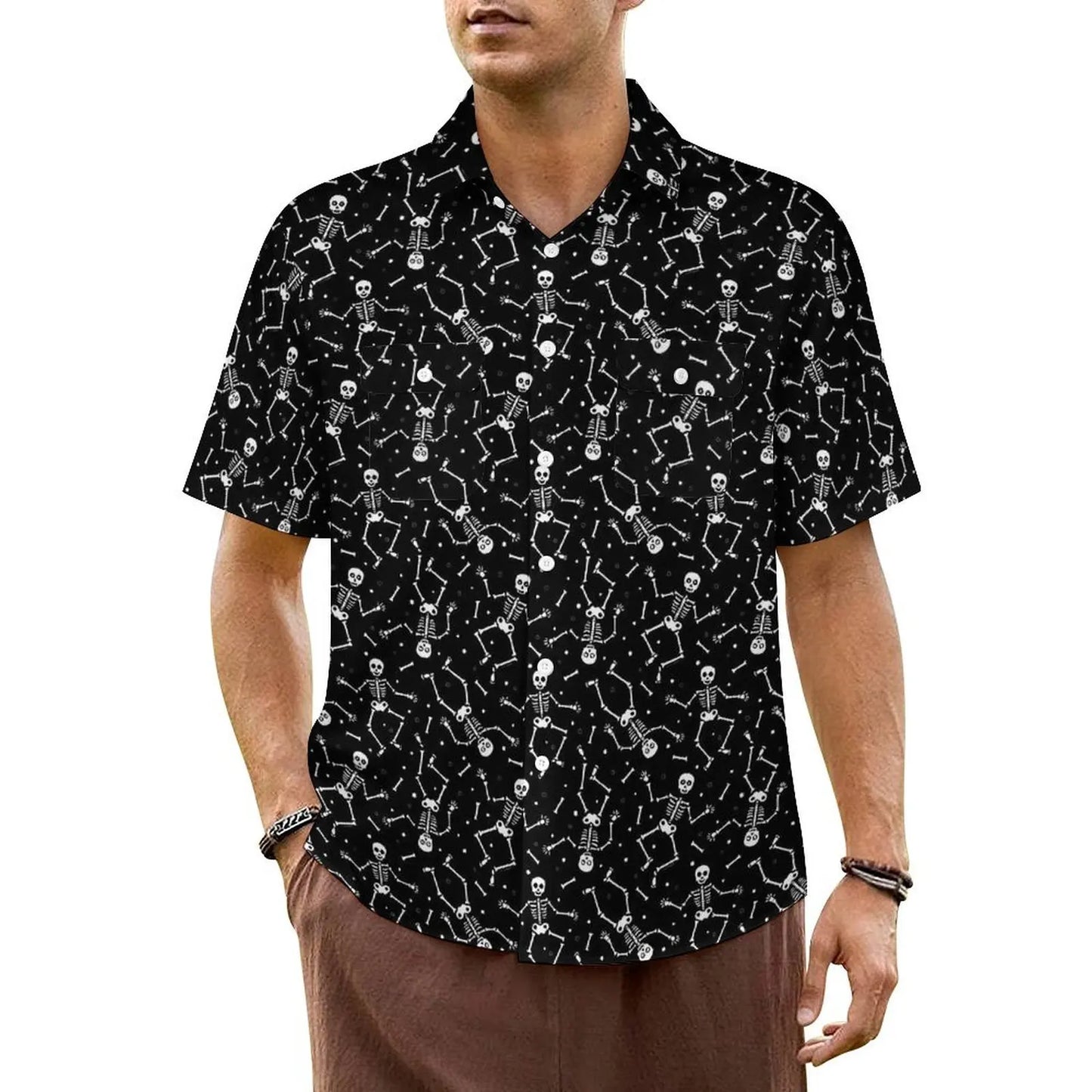 Halloween Hawaiian Shirt -- Skeleton with Flowers and Butterflies on Black