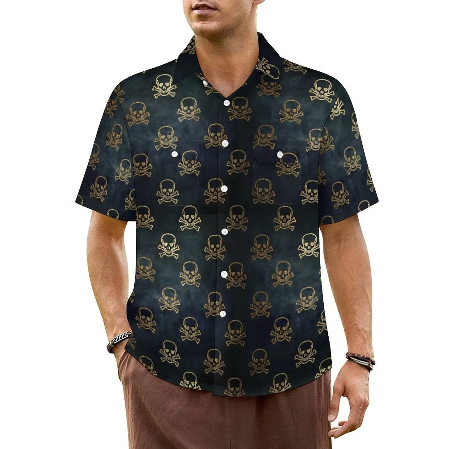 Halloween Hawaiian Shirt -- Skeleton with Flowers and Butterflies on Black