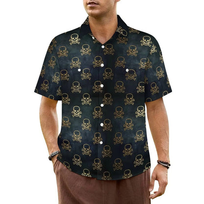 Halloween Hawaiian Shirt -- Rock and Roll Skulls with Roses on Black