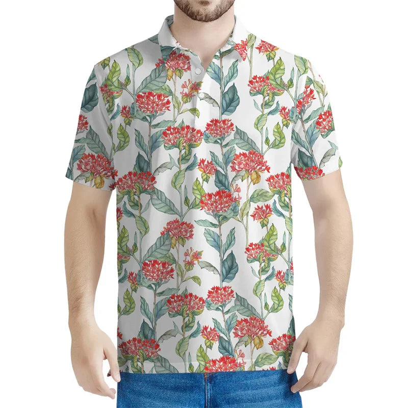 Light Blue Polo Shirt with Red Flowers