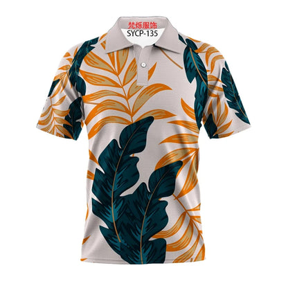 White Polo Shirt with Green and Brown Palm Leaves