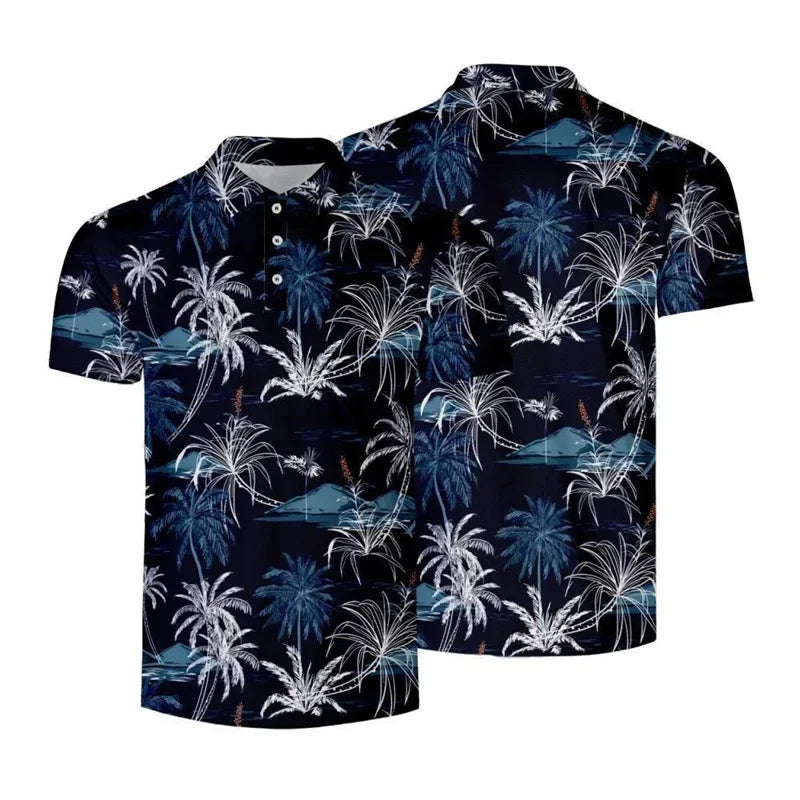 Black Polo with Hawaiian Flowers