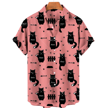 Orange Aloha Shirt with Black Cats.  Great for Halloween!