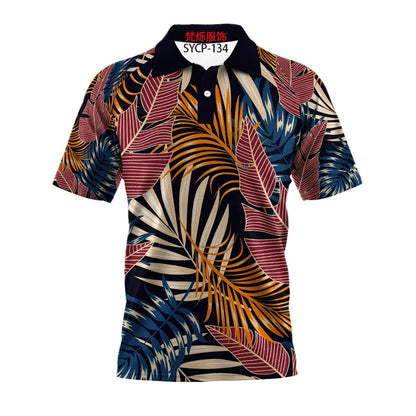 Black Polo Shirt with Ferns and Palms