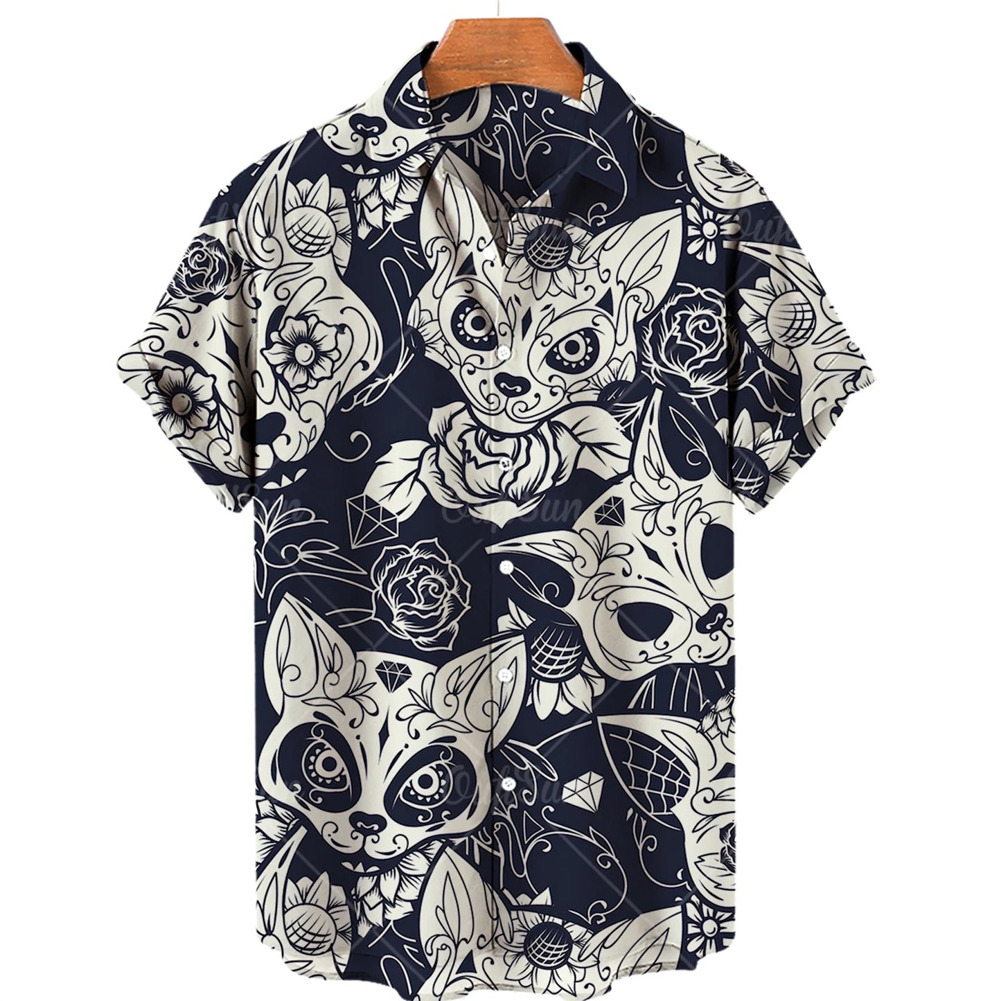 Blue Shirt with White Cats