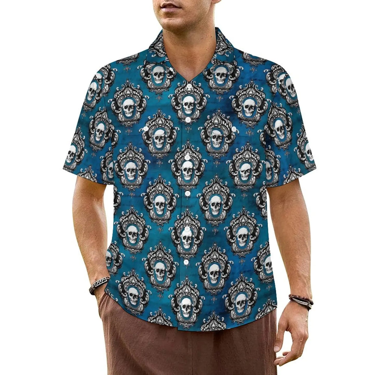 Halloween Hawaiian Shirt -- Green Skulls!  So Many Green Skulls!