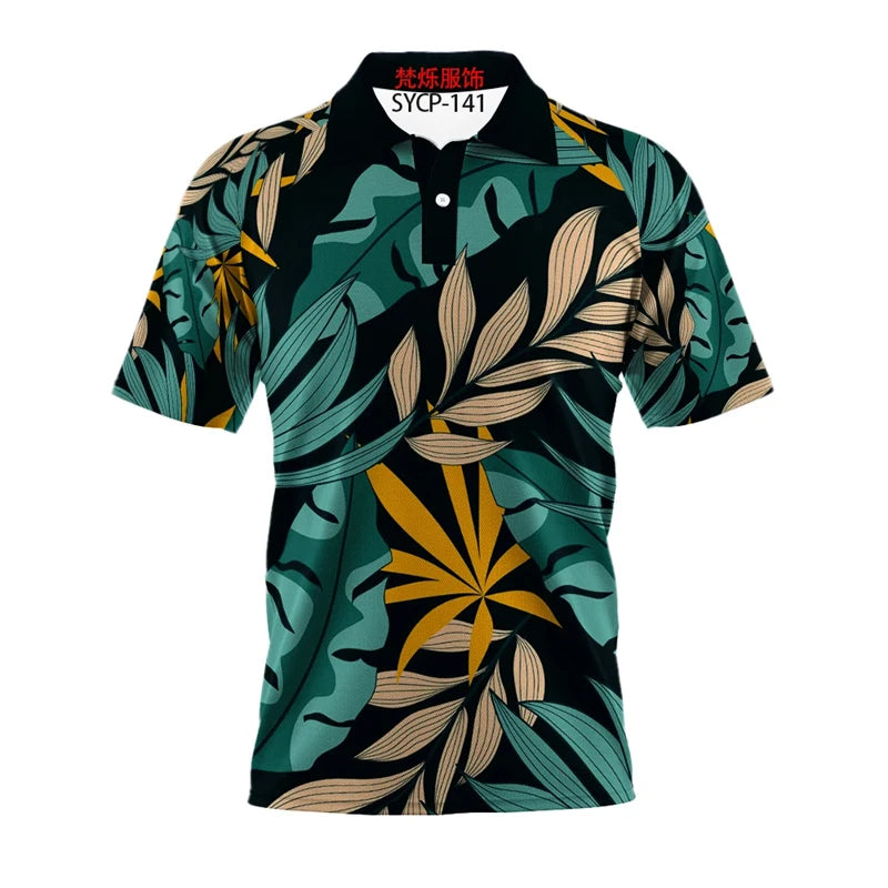 White Polo Shirt with Green and Brown Palm Leaves