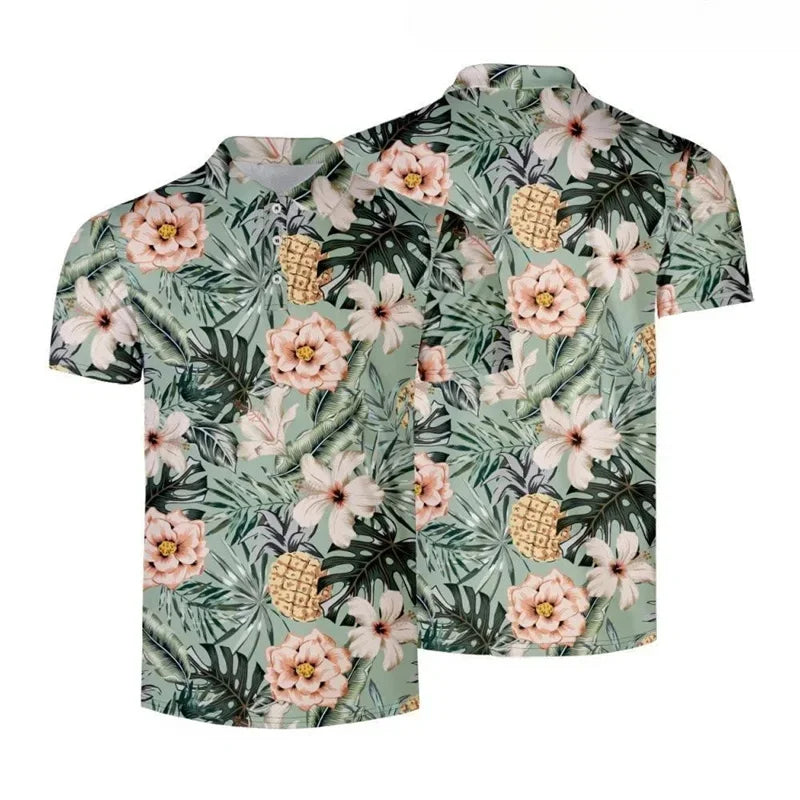 Black Polo with Hawaiian Flowers