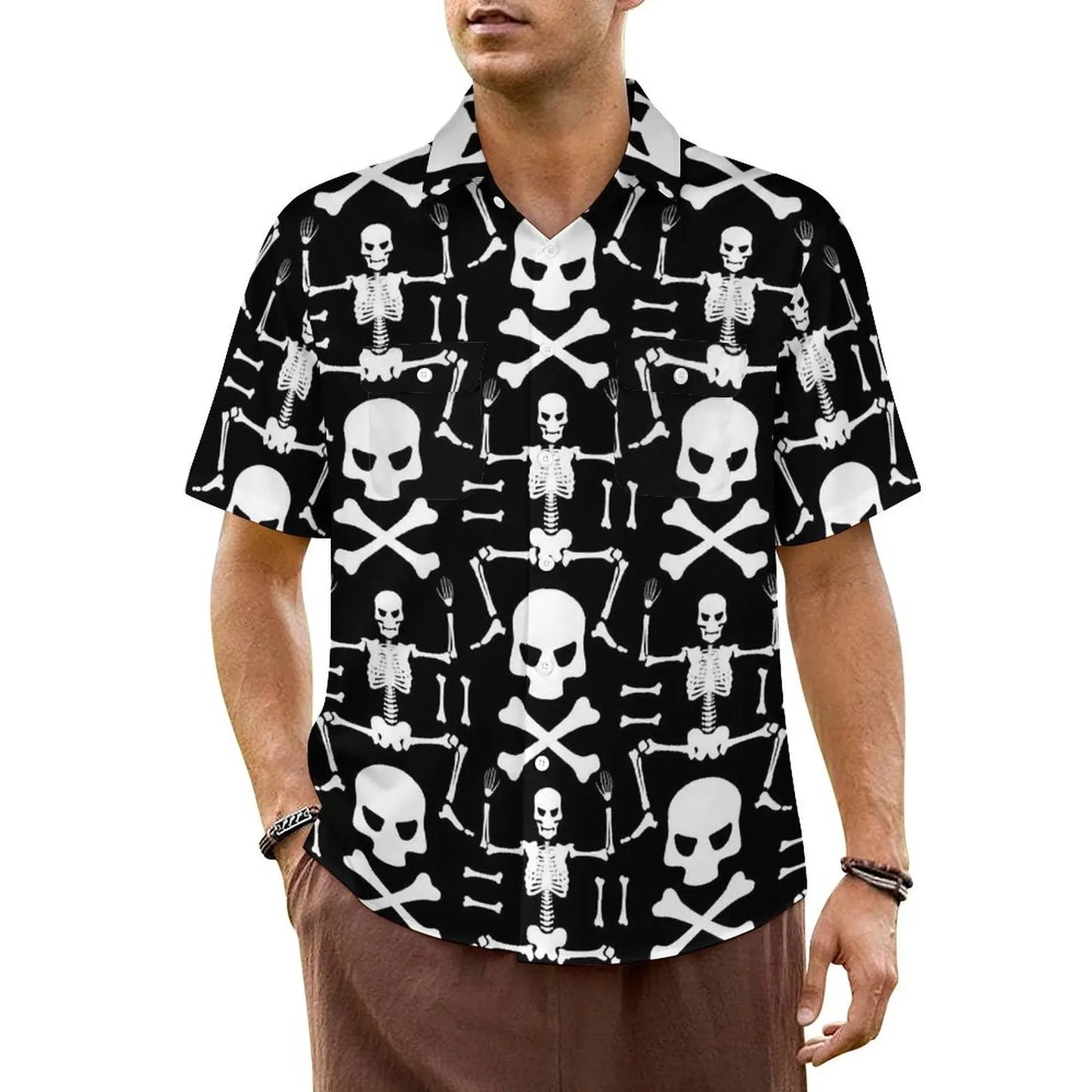 Halloween Hawaiian Shirt -- Rock and Roll Skulls with Roses on Black